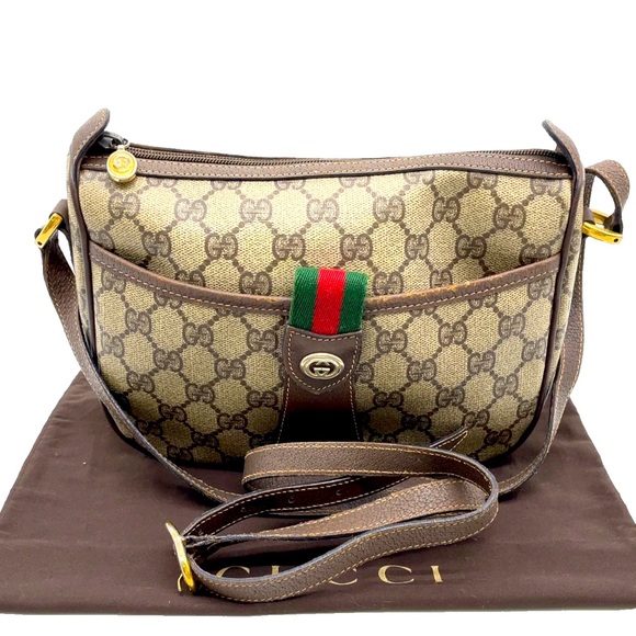 Auth Gucci GG Supreme Sherry Line PVC x Leather Brown Shoulder Bag - Picture 1 of 9